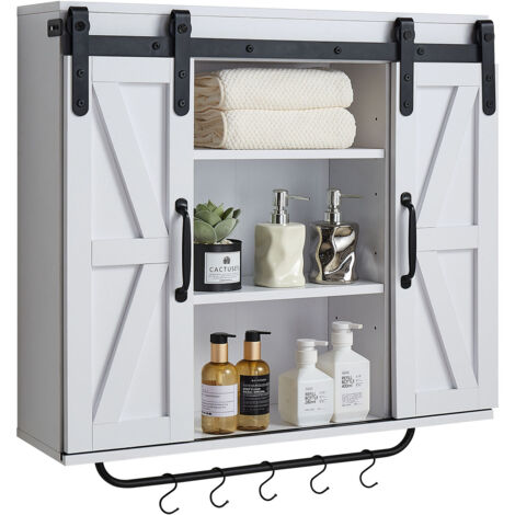 VEVOR Bathroom Wall Cabinet, 2 Doors and Adjustable Shelf, Over the Toilet Storage Medicine Cabinet Wall Mounted, Hanging Organizer with Open Partition/Towel Bar/Hooks for Laundry Room Kitchen, White