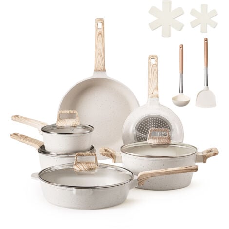 VEVOR Batterie de cuisine, 17 pcs, ensemble de casseroles et poeles a induction avec revetement anti-adhesif en granit, couvercles en verre trempe, avec friture, sauce, saute, passe au gril, blanc