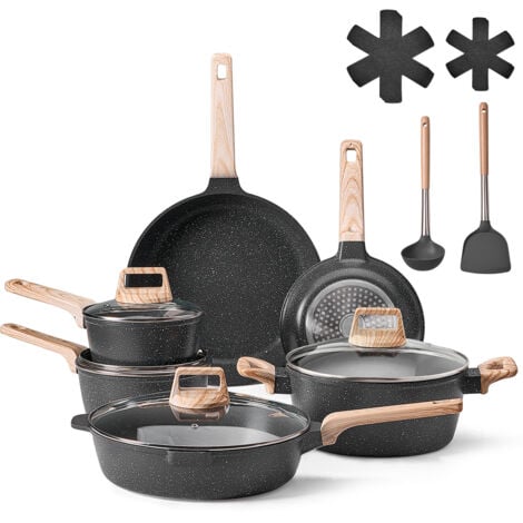 VEVOR Batterie de cuisine, 17 pcs, ensemble de casseroles et poeles a induction avec revetement anti-adhesif en granit, couvercles en verre trempe, avec friture, sauce, saute, passe au gril, noir