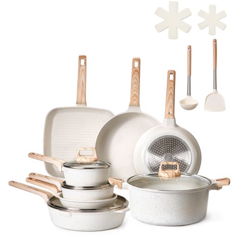 VEVOR Batterie de cuisine, 19 pcs, ensemble de casseroles et poeles a induction avec revetement anti-adhesif en granit, couvercles en verre trempe, avec friture, sauce, saute, passe au gril, blanc