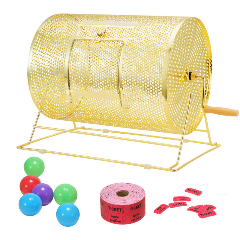 Mophorn - Raffle Drum, 16.1 x Ø12 inch Brass-Plated Ticket Spinning Cage, Holds 5000 Tickets or 200 Ping Pong Balls, Metal Lottery Drawing, Wooden