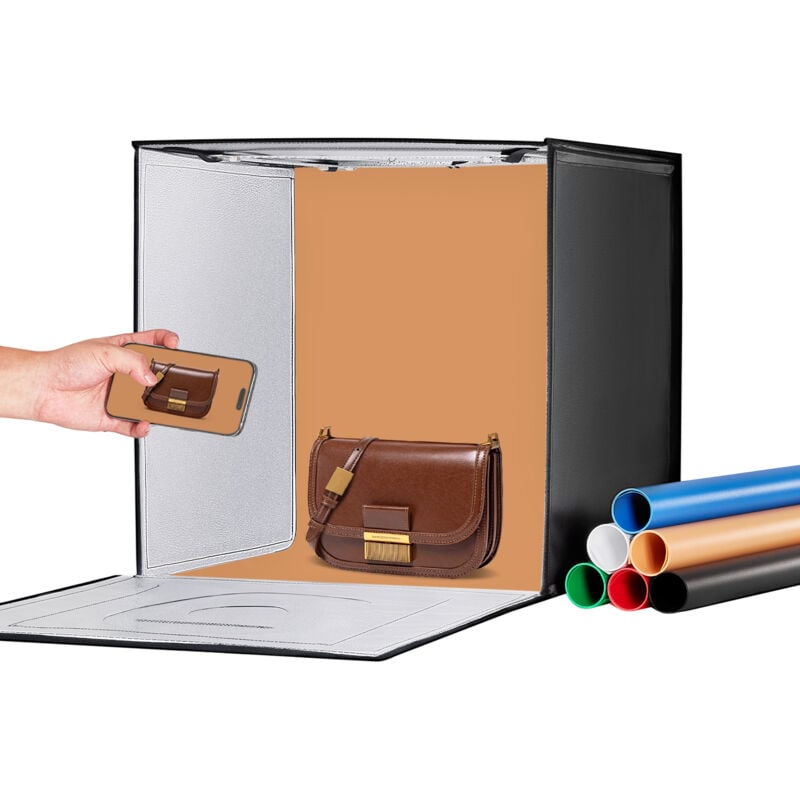 VEVOR Boite a lumiere studio photo, 60x60 cm, kit boite photo 3000-5600 K, 3 temperatures de couleur 160 LED, 6 toiles de fond, adaptateur secteur,
