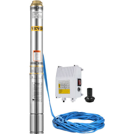 VEVOR Bomba de Pozo Profundo 0,75 KW - 6,500 L/H, Bomba Sumergible de Pozos Profundos 6,7 Bar, Bomba de Agua de 2850 RPM Acero Inoxidable, Bomba Agua Congelado con Cable de Conexión 20 m