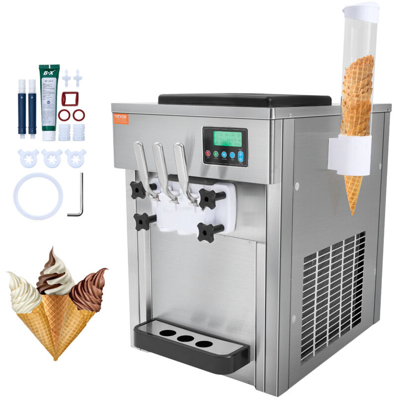 Vevor Machine a Creme Glacee Commerciale 20 L/h 1800 w 3 Saveurs, Machine a Glace Italienne Tremie 2x4 l, Pre-Refrigeration, Nettoyage Automatique,