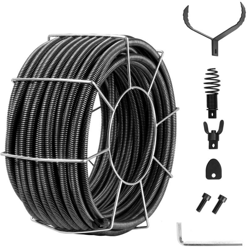Vevor Cable de nettoyage de canalisations, 30m x 19mm, cable de tariere de vidange deegout a noyau solide acier professionnel, 4 coupeurs pour tuyaux