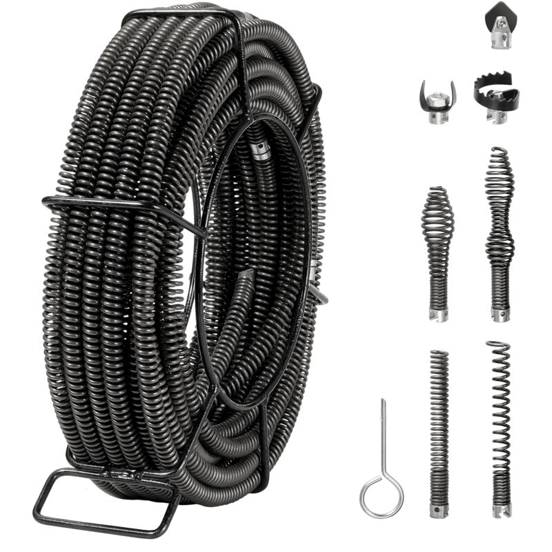 VEVOR Cable de nettoyage de canalisations,20 m x 16 mm, cable de tariere de vidange deegout noyau creux sectionnel professionnel,7 coupeurs pour