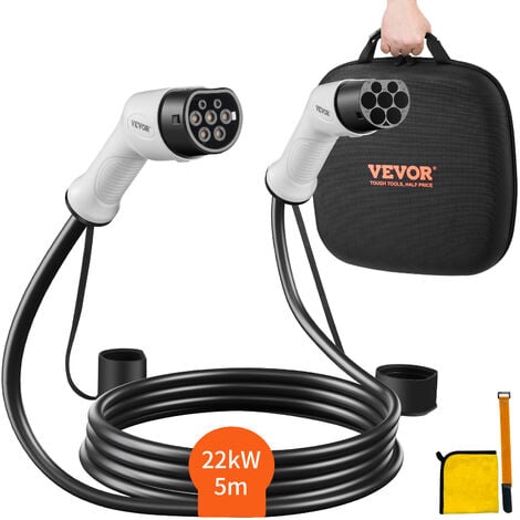 MOPHORN VEVOR Cable de Recharge EV de Type 2 a Type 2 Chargement Monophase Vehicule Electrique 32 A 22 kW 5 m IP66 Etanche avec Sac de Transport pour IEC62196 Vehicule Electrique Hybride Rechargeable CE TÜV