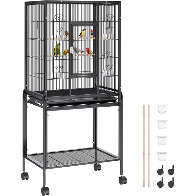 Vevor Cage Oiseau 61x43x137 cm Grande Cage Oiseaux a Roulettes Interieur Decorative avec Support Roulant Plateau Detachable Perchoirs Mangeoires pour