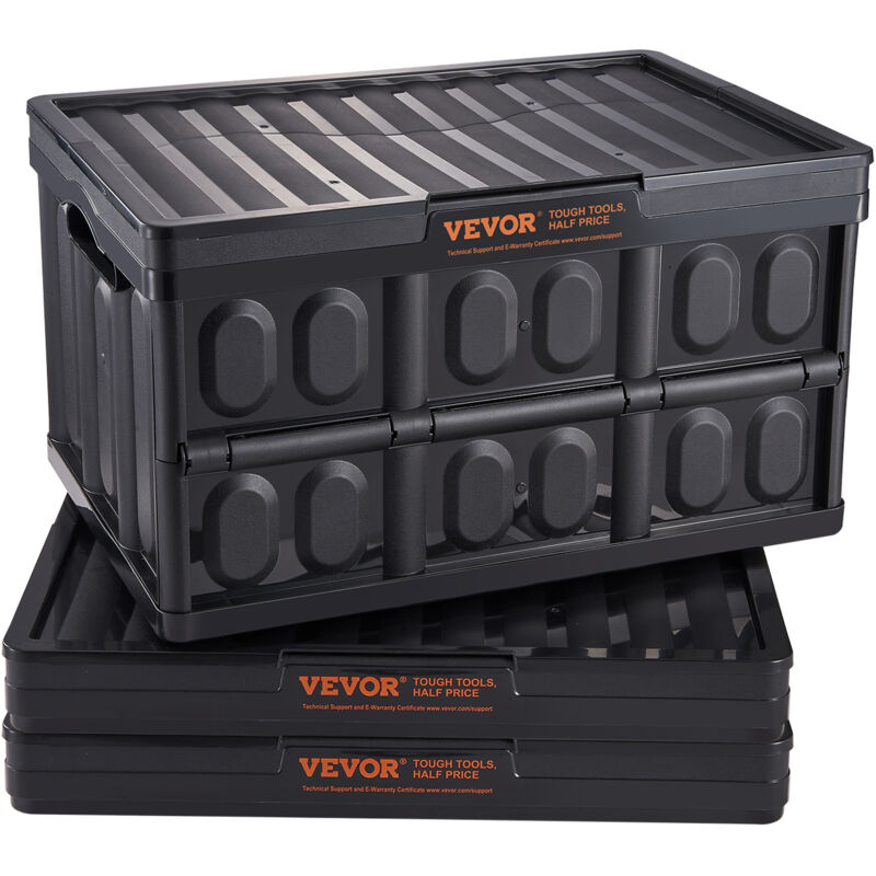 VEVOR Panier de Rangement Plastique Pliable Empilable 45L Avec Couvercles Poignées 3PCS