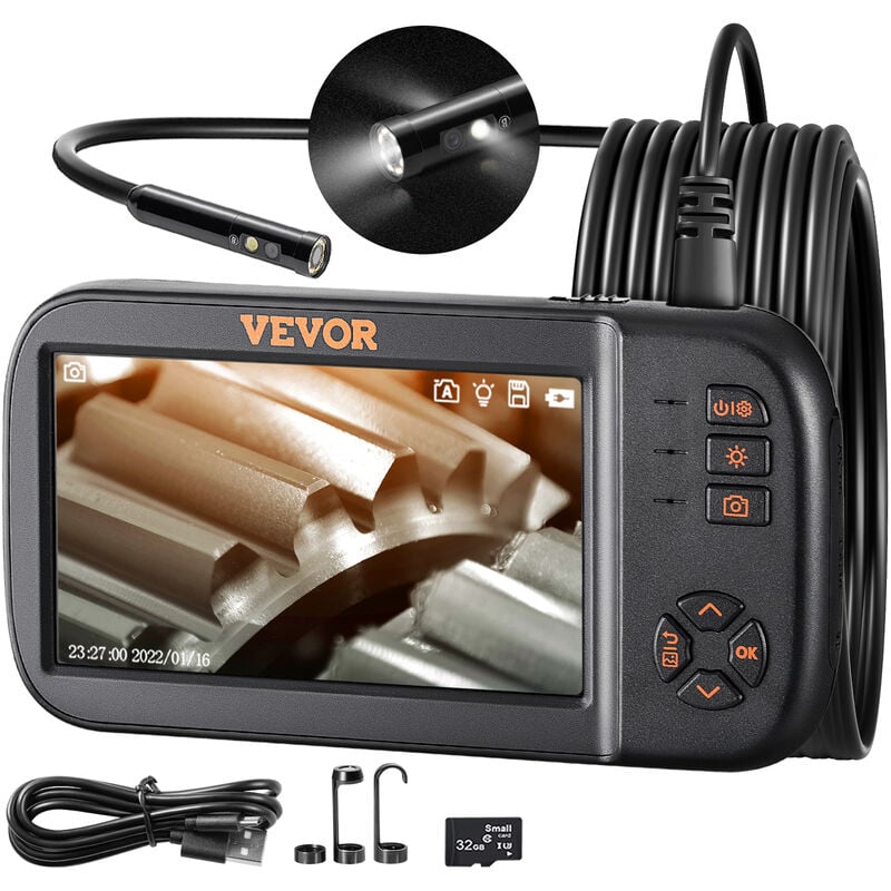 Camera Endoscope a Triple Objectif Inspection Endoscopique a Ecran ips 4,5' Objectif 1080p Cable Serpent Semi-Rigide 5 m 8 Lumieres Batterie 2860 mAh