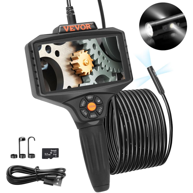 Camera Endoscope a Triple Objectif Inspection Endoscopique Ecran ips 5' Ecran Divise Lumieres led Zoom 8x Cable Semi-Rigide 5 m Carte 32 Go Etanche