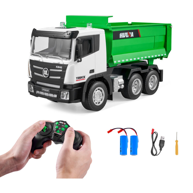 Camion a benne basculante telecommande, 9 canaux, camion-benne rc echelle 1:18, jouet vehicule de construction, avec lumiere, 2 piles rechargeables,