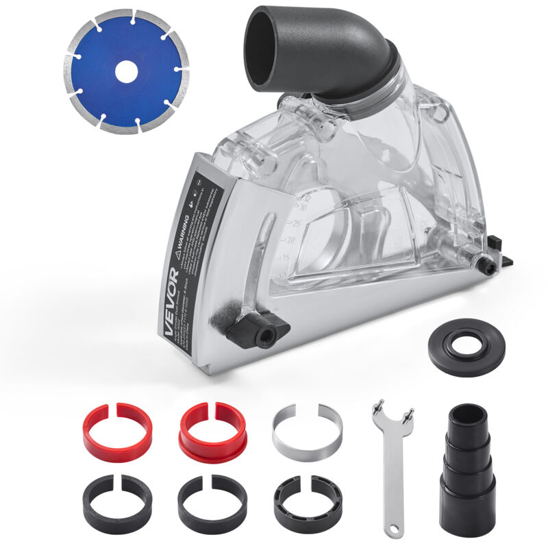 VEVOR Haakse Slijpmachine Afzuigkap, Universeel 100-125 mm, Stofkap met 6 Klemschijven & 125 mm Diamantslijpbeker, Instelbare Snijdiepte, Aansluiting voor Stofzuiger, Transparant