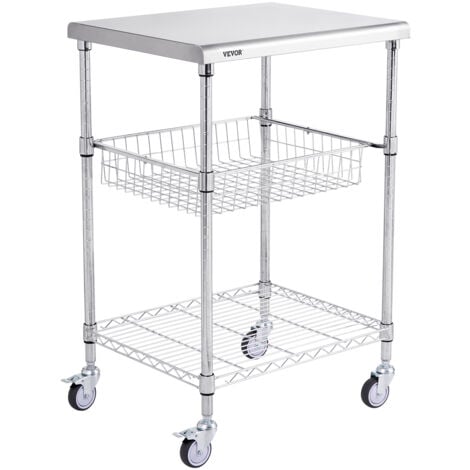 VEVOR Carrello da Cucina, 3 Ripiani, Carrello Acciaio Inox Capacita Carico max.  ca. 213,2 kg, Carrello di Servizio in Acciaio 4 Ruote, Carrello Portaoggetti in Acciaio Inox con Cestello Portaoggetti