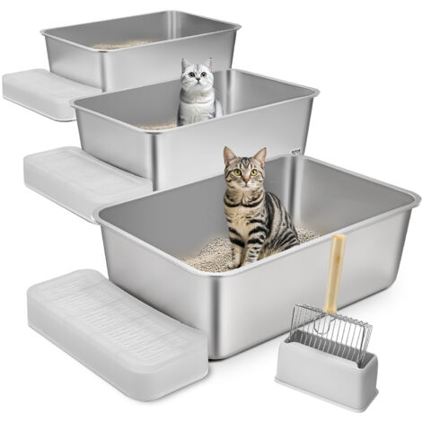 VEVOR Cat Litter Box, 8 inches Deep, XL Extra Large Stainless Steel Cat Litter Box with Scoop, Wide Filtering Foot Board & High Sides, Enclosed Odor-Free Easy-to-Clean Litter Box, Fit for Big Cats