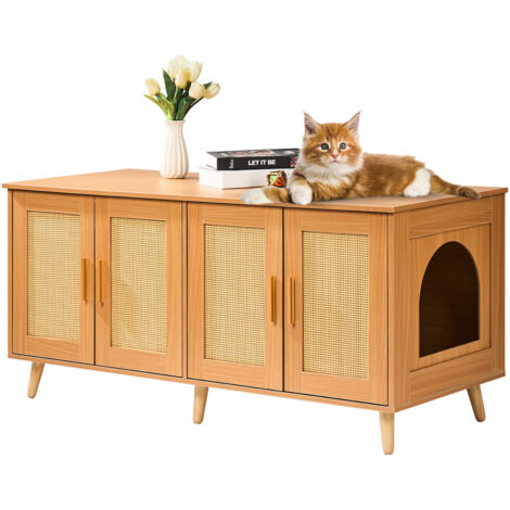 VEVOR Cat Litter Box Enclosure for 2 Cats, Litter Box Furniture Hidden with Rattan Decorated Doors, Wooden Cat Box Cabinet Fit Most of Litter Box, 47.2"L x 19.7"W x 21.7"H, Natural