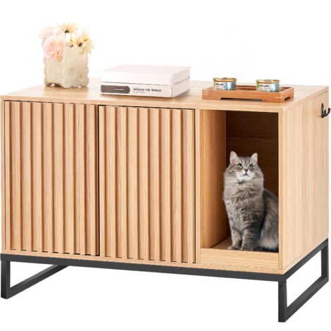 VEVOR Cat Litter Box Enclosure, Hidden Litter Box Furniture, Wooden Cat Washroom Indoor with 2 Doors & Study Metal Legs, Cat House Cabinet Hidden Fit Most of Litter Box, 31.5"L x 20"W x 22"H, Natural