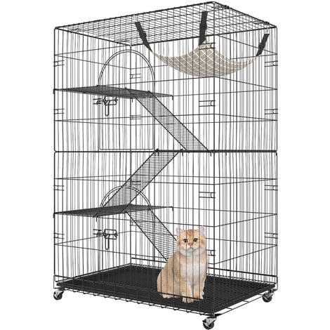 VEVOR Catio, 4-Tier Large Cat Cages Indoor, Detachable Metal Playpen Enclosure with 360° Rotating Casters, with 3 Ladders and a Hammock for 1-3 Cats, 35.4x23.6x51 inch