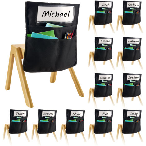 VEVOR Chair Pockets for Classroom, 12 Pack, 18 x 20 Inches Chairback Buddy Pocket with Name Tag, Back of Chair Organizer for Kids in Classroom, Kindergarten, School, and Home, Black