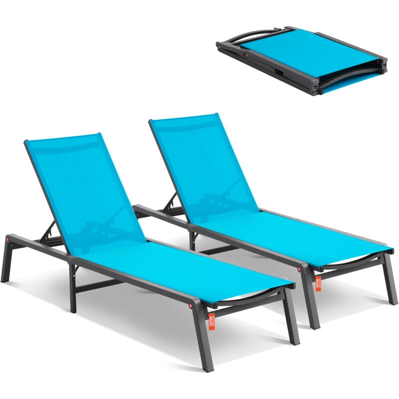 Chaise longue deexterieur, construction en aluminium avec 5 positions reglables, chaises pliantes inclinables et entierement plates pour patio, plage