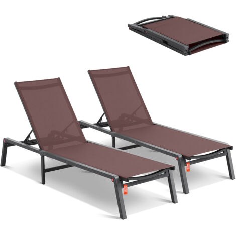 VEVOR Chaise Lounge Chairs Outdoor, Aluminum Patio Lounge Chairs with Adjustable 5-Position, Folding Pool Lounge Chairs Recliner and Full Flat Tanning Chairs for Patio, Beach, Pool, Brown, 2 pcs