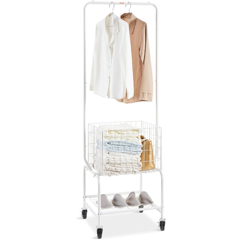 Vevor Chariot a Linge Charge 52 kg Panier a Linge Mobile avec Barre d'Accrochage et Etagere Corbeille Linge Sale sur Roulettes Cadre en Fer