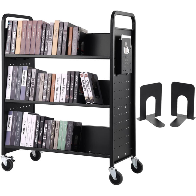 Vevor Chariot a livres, 150 kg chariot de bibliotheque a etageres inclinees double face forme w, 1000x510x1250 mm, roues verrouillables, rangement et
