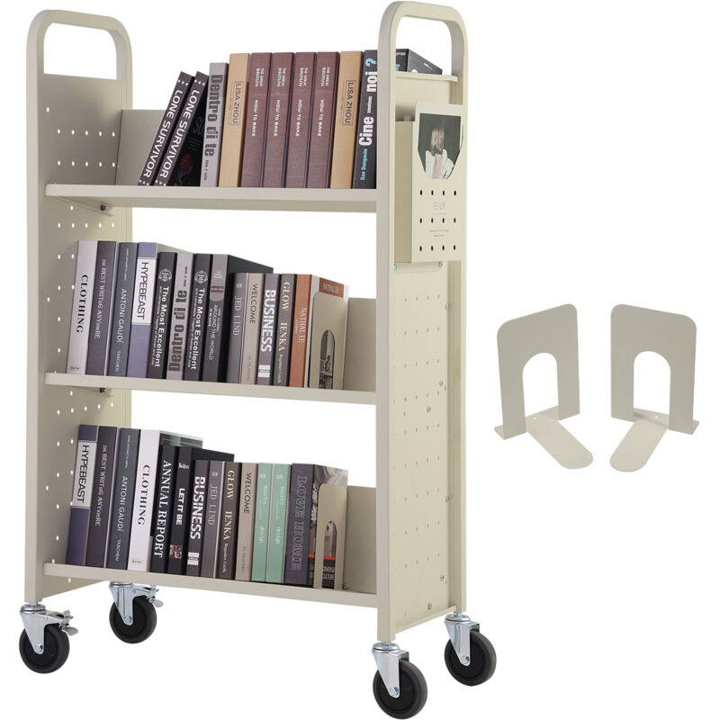 Vevor Chariot a livres, 150 kg chariot de bibliotheque a etageres inclinees en forme v deun cote, 790x385x1250 mm, roues verrouillables, rangement et