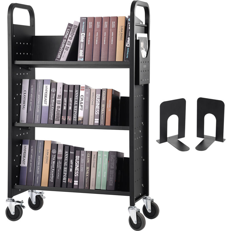 Vevor Chariot a livres, 150 kg chariot de bibliotheque a etageres inclinees en forme v deun cote, 790x385x1250 mm, roues verrouillables, rangement et
