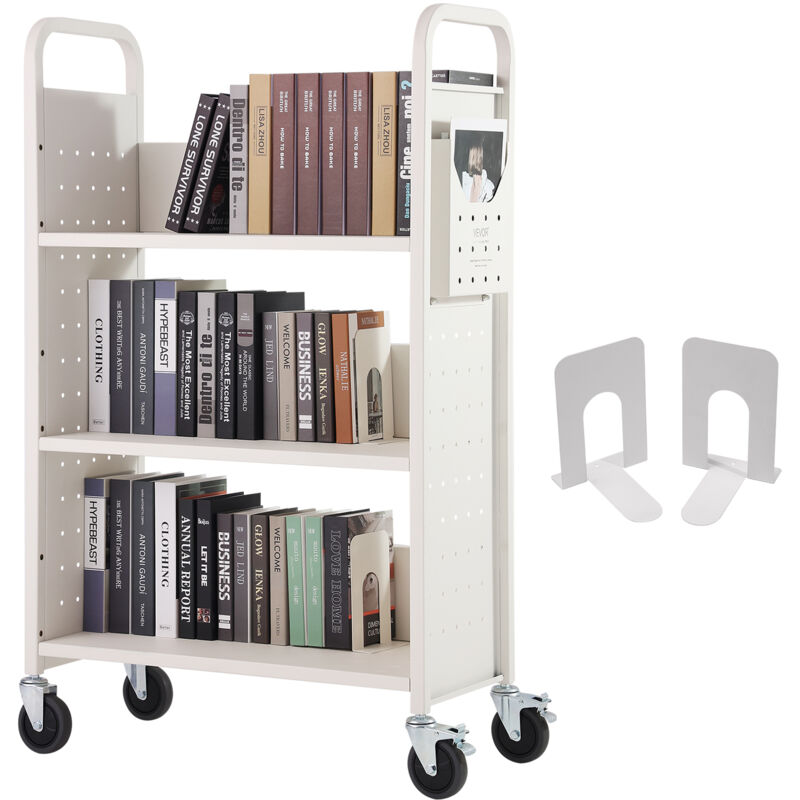 Vevor Chariot a livres, 150 kg chariot de bibliotheque a etageres plates deun cote en forme l, 790x385x1250 mm, roues verrouillables, rangement et
