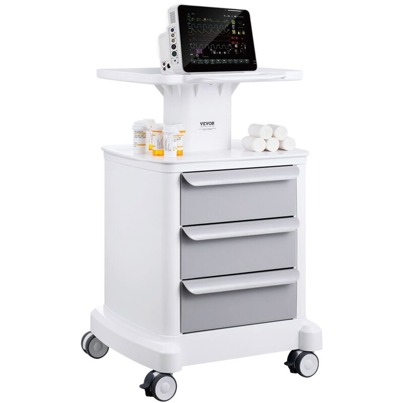 Chariot de laboratoire a 4 niveaux,dote de 3 tiroirs de rangement et deun plateau superieur, fabrique en abs durable, equipe de roulettes