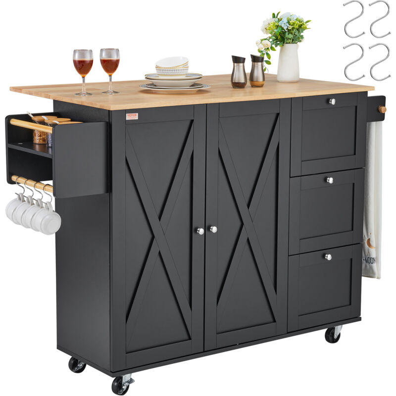 Vevor - Desserte Chariot deilot de cuisine, 1150 mm, desserte mobile de dessus en bois avec armoire de rangement, abattant, support a epices, barre a
