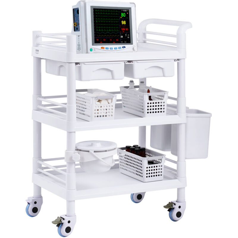 Vevor - Chariot medical portable, structure a 3 niveaux avec roues silencieuses, fabrique en pp robuste, dispose de trois conteneurs a dechets, ideal