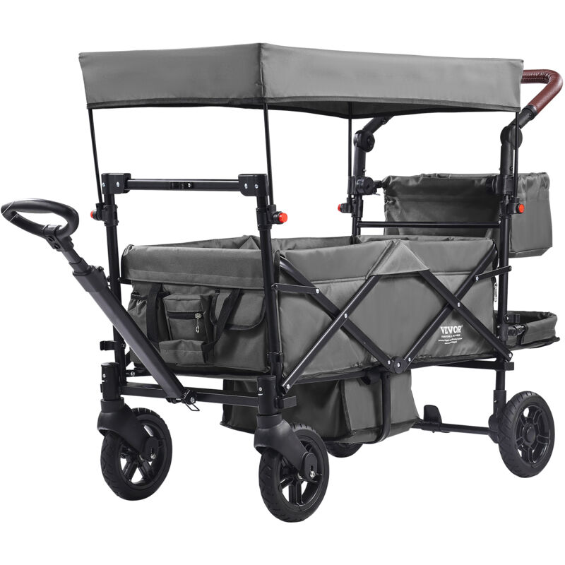Chariot pliable pour 2 enfants, charge 25 kg, poussette avec poignee reglable, ceinture de securite, auvent amovible, roue a freins, chariot de