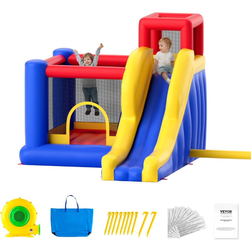 Vevor Chateau Gonflable, Structure Gonflable avec Souffleur, Toboggan et Sac de Rangement, Aire de Jeu Gonflable d'Arriere-cour et de Plein Air, pour