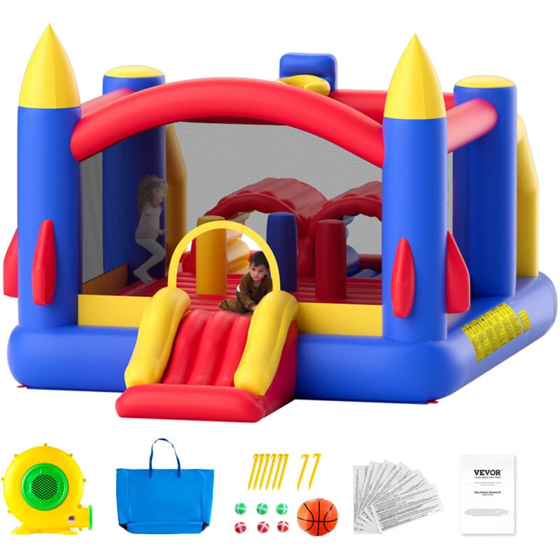 Vevor Chateau Gonflable, Structure Gonflable avec Souffleur, Toboggan et Sac de Rangement, Trampoline Exterieur, Aire de Jeu Gonflable