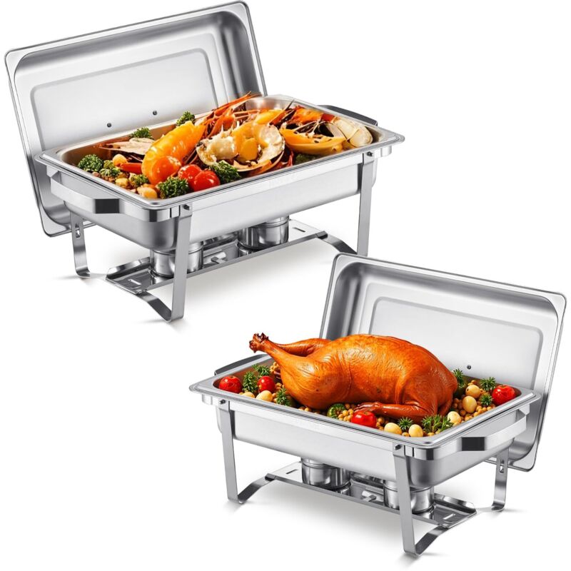 Chauffe-Plat Rectangulaire 2PCs 7,5 l, Buffet Chauffant avec 2 Bacs Pleine Taille, Rechaud en Acier Inoxydable, avec Couvercle, pour Buffet