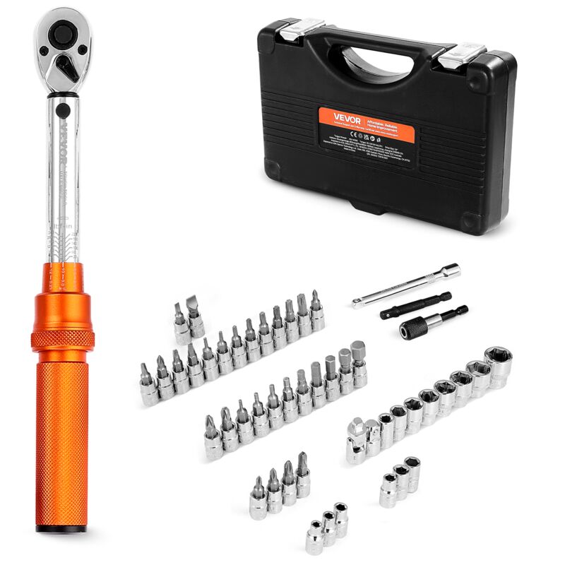 VEVOR Click momentsleutel met 1/4 inch aandrijving 2,3-27,1 Nm, tweeweg momentsleutel met verlengstangen en boor, 72 tanden ±3% hoge precisie voor autoreparatie Oranje