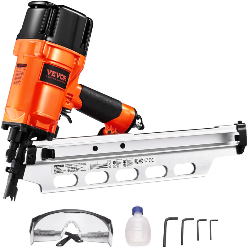 VEVOR Framing Nailer, 50 to 90 mm 21 Degree Full Round Head Pneumatic Framing Nailer with Dual Trigger Modes & Tool-Less Depth Adjustment, 80-120PSI Pro Air Nail Gun for Framing Flooring Decking