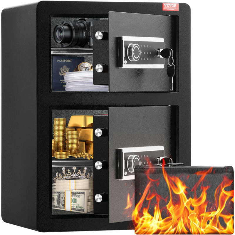 Coffre-fort a Double Porte 99 l, Deverrouille par Cle et Mot de Passe, avec Sac Ignifuge, Porte-Cles, Lumiere led et 2 Separateurs Reglables en