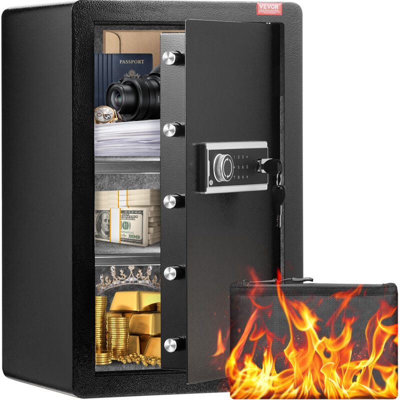 Coffre-fort a Porte Simple 113 l, 2 Facons de Deverrouillage, Cle et Mot de Passe, avec Sac Ignifuge, Porte-Cles, Lumiere led et 2 Etageres, pour