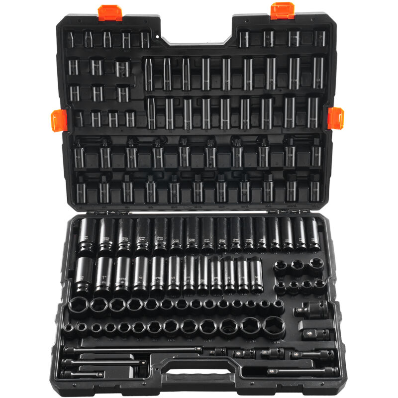VEVOR Impact Doppenset 3/8 inch & 1/2 inch Aandrijving 130-delige SAE & metrische doppenset, 6-punts Cr-Mo gelegeerd staal voor autoreparaties met opbergkoffer