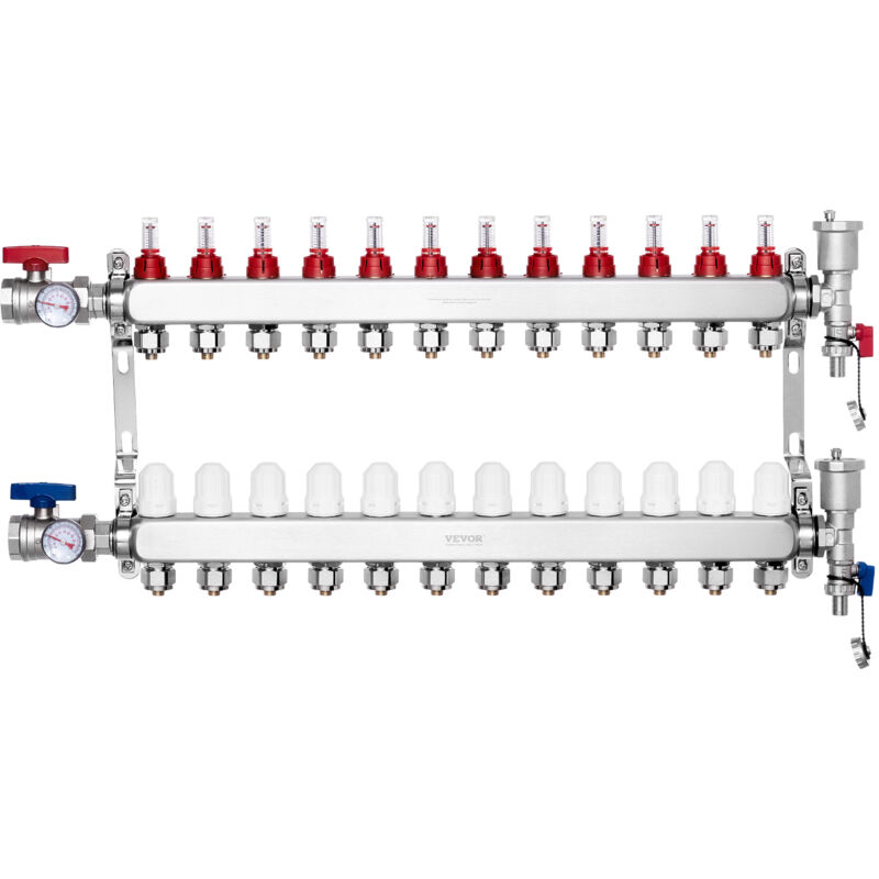 VEVOR 12-Abzweig-Wärmeverteilungsverteiler, 1/2-Zoll-PEX-Rohrverteiler, Edelstahl-PEX-Verteiler für hydronische Fußbodenheizung, Wärmeverteilungs-PEX-Verteilersatz mit 1/2-Zoll-Adaptern im Lieferumfang enthalten