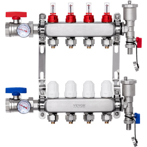 VEVOR Collettore di Riscaldamento Radiante a 4 Rami, Collettore per Tubi PEX da 12,7 mm in Acciaio Inossidabile PEX, con Adattatori da 12,7 mm, per Pavimento Radiante Idronico, Kit Collettore PEX