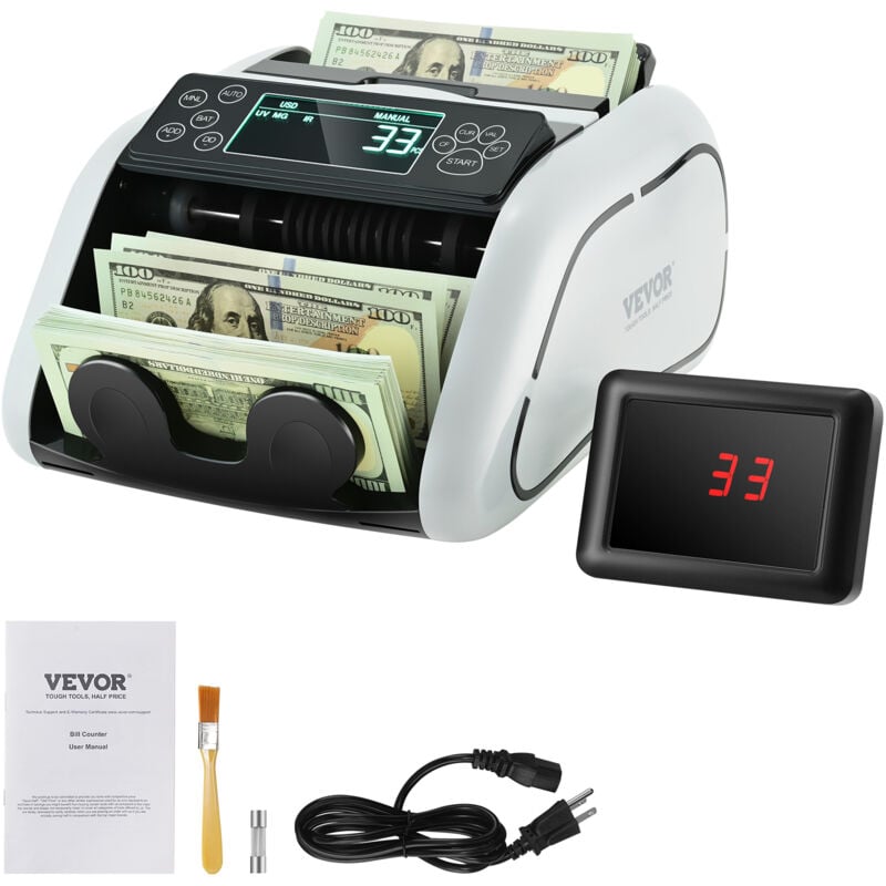 VEVOR Compteuse de Billets USD et EUR, Detecteur de Faux Billets Contrefacon UV, MG, IR et DD, Machine a Compter Les Billets avec Grand Ecran LCD et