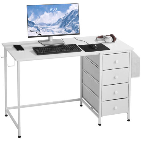 VEVOR Computer Desk with Fabric Drawers, 120 cm Reversible Study Work Writing Desk for Modern Home Office Bedroom, Simple Modern Cute PC Table Metal Frame Business Furniture, White