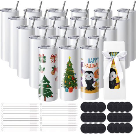 VEVOR Confezione 24 bicchieri dritti per sublimazione, bicchiere vuoto 20 oz, bicchieri a doppia parete in acciaio inox con cannuccia, coperchio, pennello, base, pellicola termoretraibile