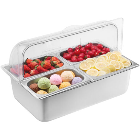 VEVOR Contenitore Espositivo per Servire Cibo da Banco, Vassoio per Servire Cibo in Acciaio Inox 4 Teglie, Espositore per Dispensatori di Condimenti a Buffet con 3 Contenitori per Congelatore