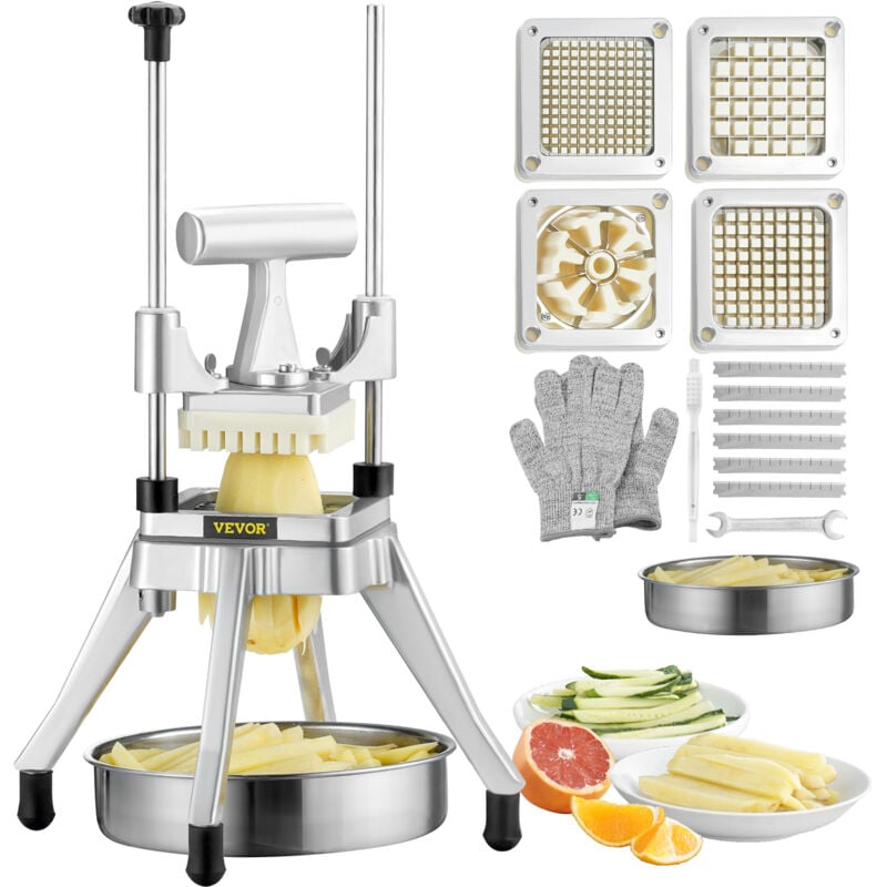 Vevor Coupe-Frites Professionnel Manuel Coupe-Legumes Multifonction avec 4 Lames en Inox 12,7/6,4/9,5 mm et Coupeur a 6 Quartiers Coupe-Fruits en