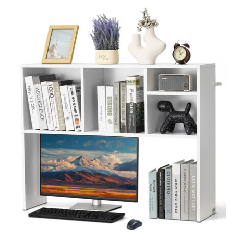 VEVOR Desktop Bookshelf, 1-Tier Desktop Storage Organizer, 37" x 9.4" x 28.7" Office Storage Rack Wood Display Shelf, Desktop Bookshelf Hutch with Anti-Slip Feet Pads, for Office, Home & Dorm, White